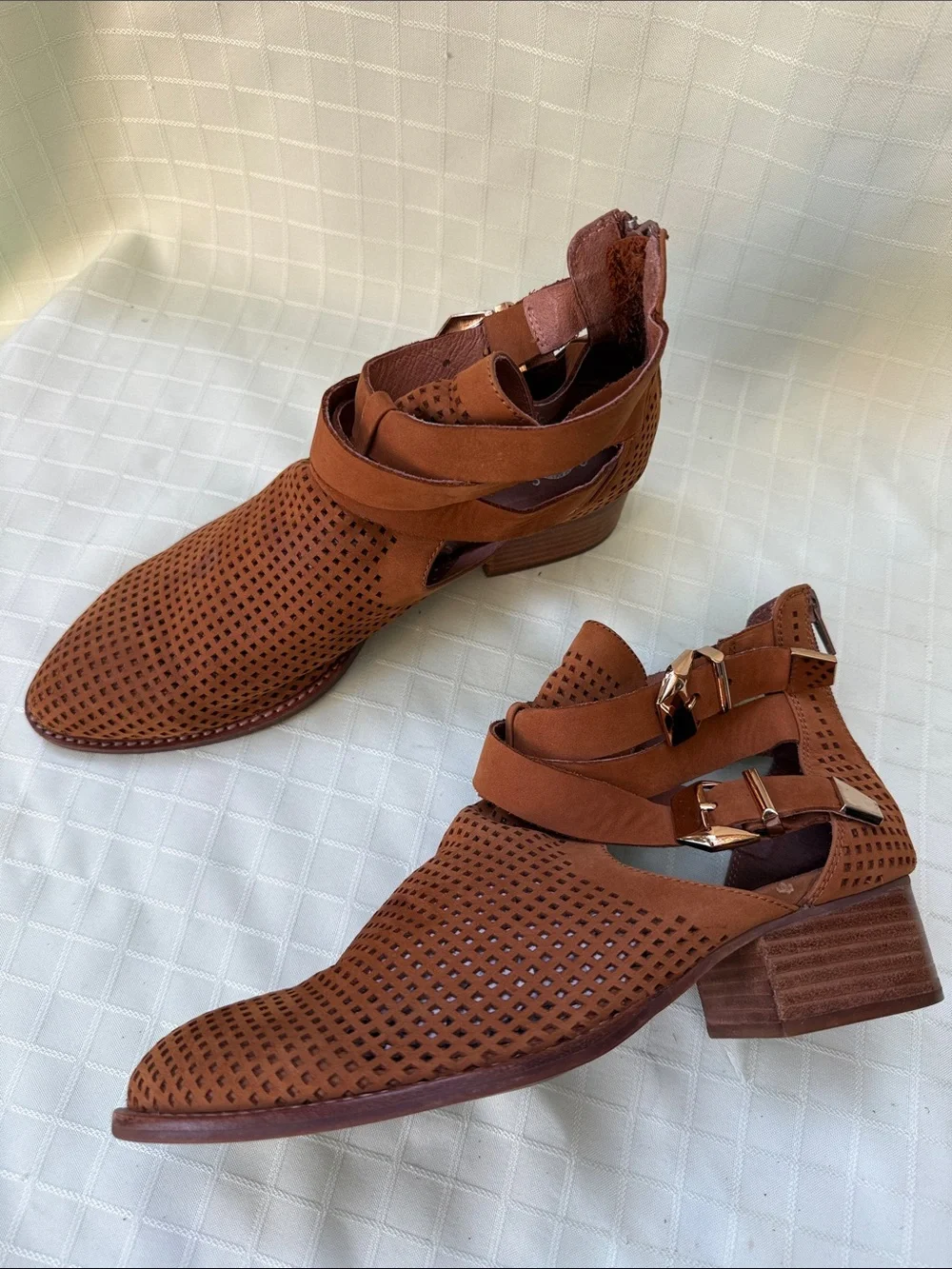 Jeffrey Campbell Orange Brown Perforated Suede Ankle Boots with Wrap Strap